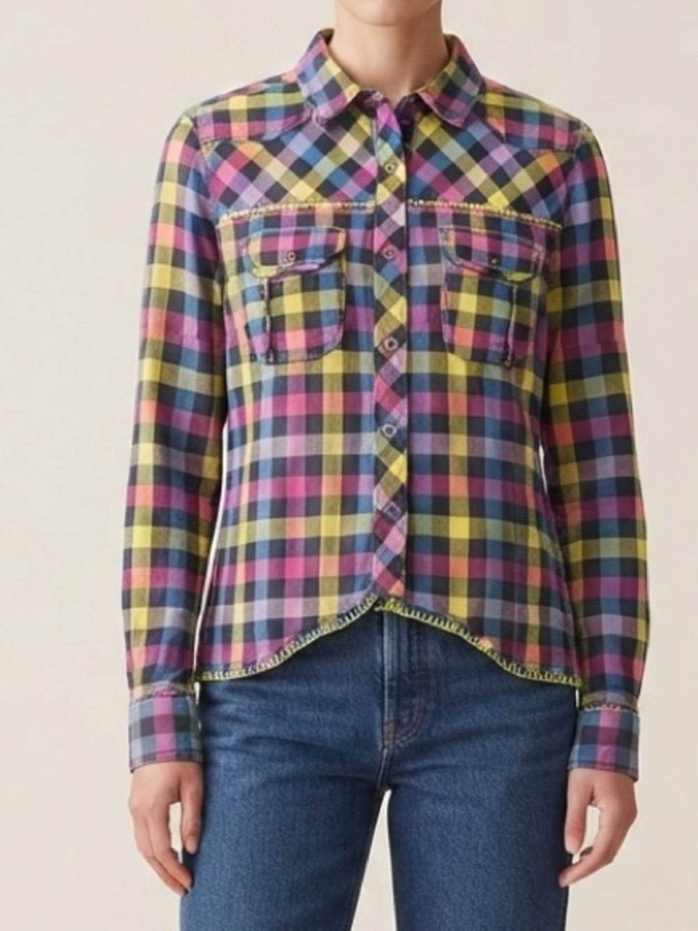Bar III Western Cotton Plaid Long Sleeve Top Button-Front Shirt Size Medium